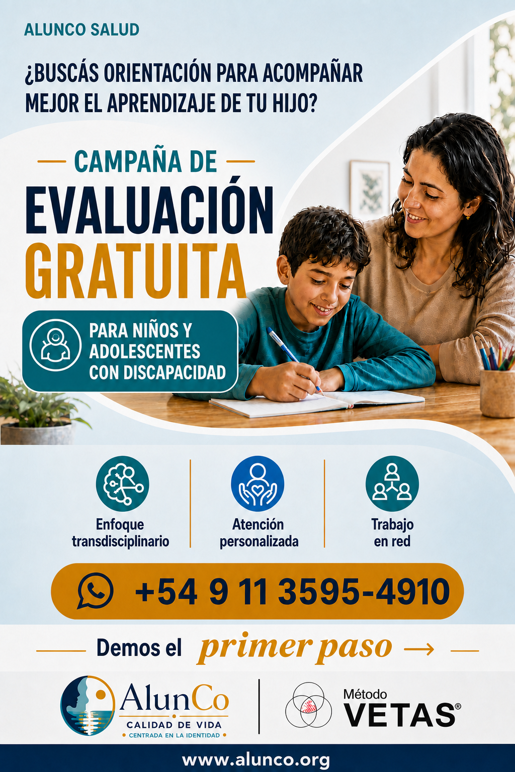 Flyer de la campaña de evaluación integral gratuita para niños y adolescentes con discapacidad