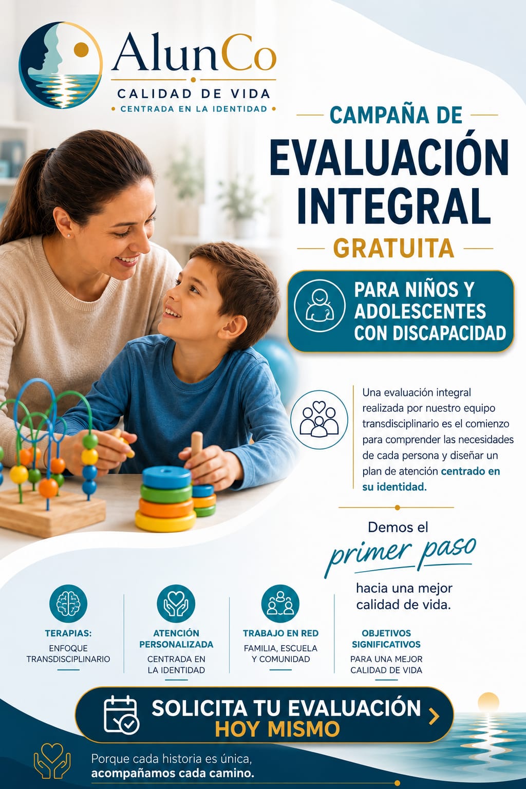 Flyer de la campaña de evaluación integral gratuita para niños y adolescentes con discapacidad